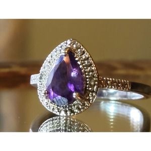 Natural Genuine Amethyst Pear Shaped Silver Ring Size 8
